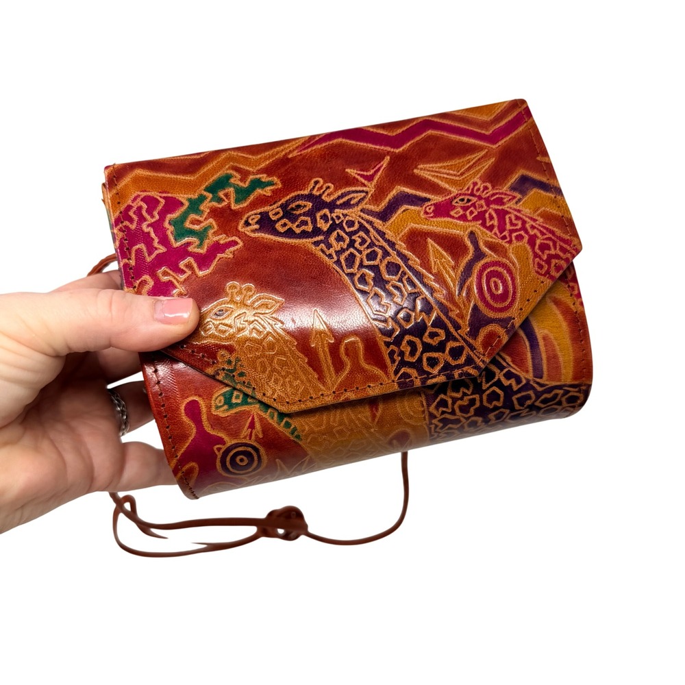 Vintage Embossed Leather Giraffe Crossbody Purse Boho Artisan Handbag Statement